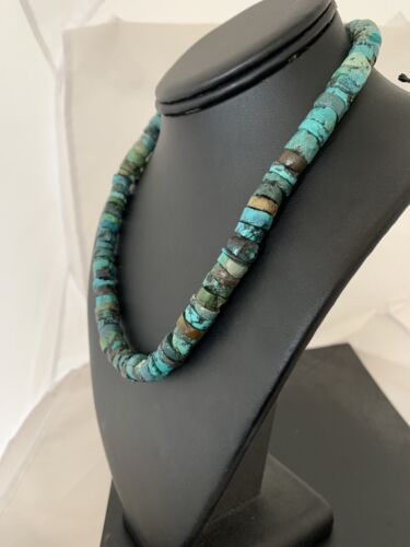 Rustic Turquoise Heishi Bead Necklace | 11mm | Navajo Sterling Silver | Authentic Native American Handmade | 17" | 639
