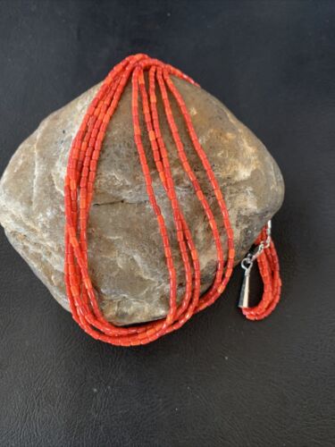 Natural Red Coral Rice Heishi Beads Necklace | 5 Strand | Sterling Silver | 20" | 12927