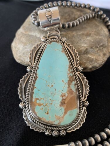Men's Navajo Pearls Necklace with Blue Royston Turquoise Pendant | Sterling Silver | Native American | 335