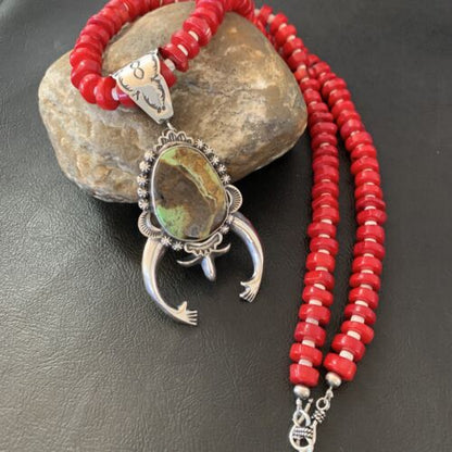 Navajo Green Gaspeite Naja Pendant with Red Coral | Sterling Silver | 23" Necklace | Authentic Native American Handmade | 11165