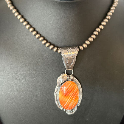 Navajo Orange Spiny Oyster Necklace Pendant | Sterling Silver | Authentic Native American Handmade | 14680