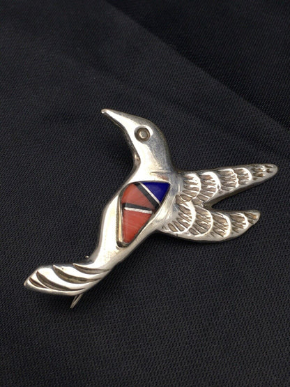 Navajo Spiny Oyster Lapis Hummingbird Pin | Sterling Silver | Authentic Native American Handmade | 2902