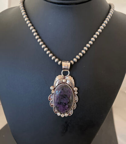 Native American Men's Necklace | Sterling Silver Navajo Pearls with Sugilite Pendant | 1523 - Masha USA