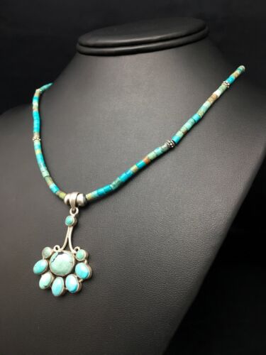 Navajo Turquoise Cluster Pendant Necklace | Sterling Silver | 20" | Authentic Native American Handmade | 4079