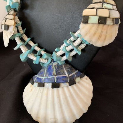 Native American Zuni Shell Pendants | Spiny Oyster & Blue Turquoise Necklace | 30" | 12520