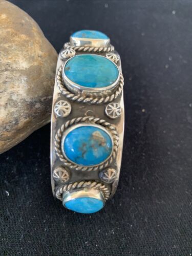 Navajo Sterling Silver Blue Kingman Turquoise Cuff Bracelet | 5 Stones | Authentic Native American Handmade | 863