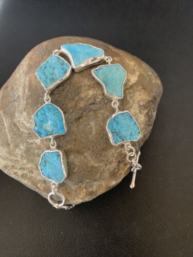 Navajo Blue Kingman Turquoise Rough Link Bracelet | Sterling Silver | 8" | 11651