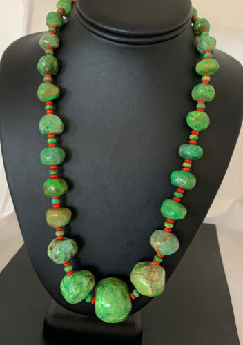 Southwestern Chunky Green Turquoise & Coral Necklace | Sterling Silver | Authentic Native American | 18" | 01843