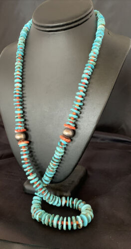 Navajo Natural Turquoise & Spiny Oyster Necklace | Sterling Silver | Authentic Native American | 32" | 13248