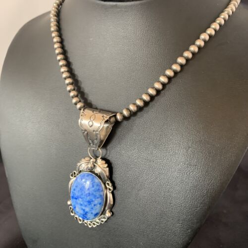 Navajo Denim Lapis Necklace Pendant | Sterling Silver Pearls | Authentic Native American Handmade | 12436