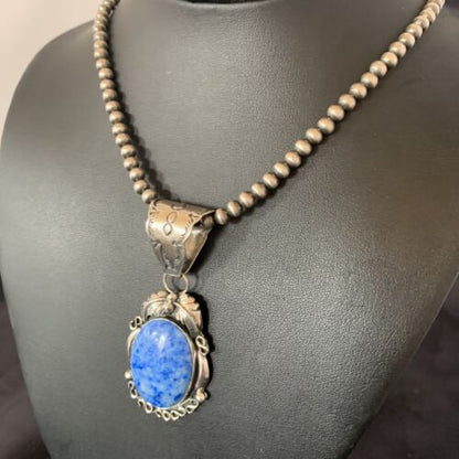 Navajo Denim Lapis Necklace Pendant | Sterling Silver Pearls | Authentic Native American Handmade | 12436
