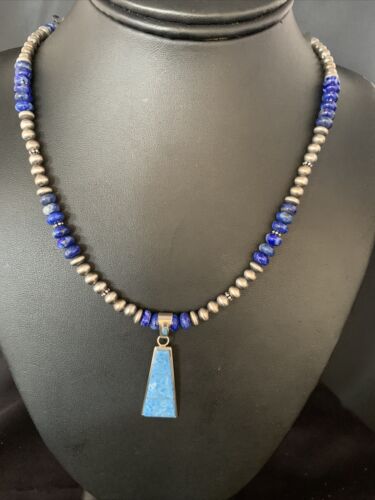 Navajo Blue Denim Lapis Necklace with Inlay Pendant | Sterling Silver | Authentic Native American Handmade | 13490