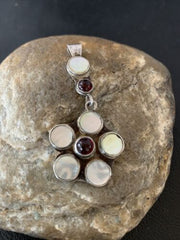 Old Pawn Vintage Multi-Stone Flower Pendant | Sterling Silver | Mother of Pearl & Garnet Dangle | 1186