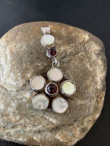 Old Pawn Vintage Multi-Stone Flower Pendant | Sterling Silver | Mother of Pearl & Garnet Dangle | 1186