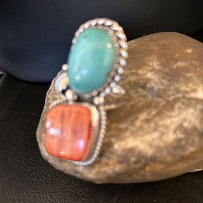 Navajo Turquoise Spiny Oyster Ring | Authentic Native American Sterling Silver | Multi-Stone | Sz 8.5 | 14490