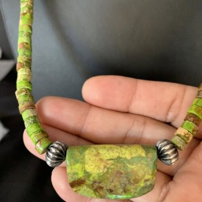 Navajo Green Gaspeite Turquoise Pendant | Sterling Silver | Authentic Native American Handmade | 13916