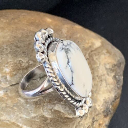 Native American White Buffalo Turquoise Ring | Navajo Sterling Silver | Sz 7.5 | 13353