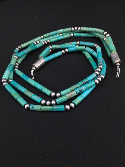 Navajo Turquoise Tube Bead Necklace | 3 Strand | Sterling Silver | 22" | Authentic Native American Handmade | 4790