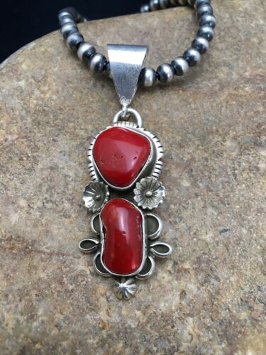 Navajo Red Coral Pendant Necklace | Sterling Silver | Authentic Native American Handmade | 2581