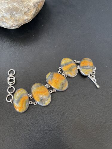 Navajo Bumblebee Jasper Link Bracelet | Sterling Silver | 7.5" | Authentic Native American Handmade | 10285