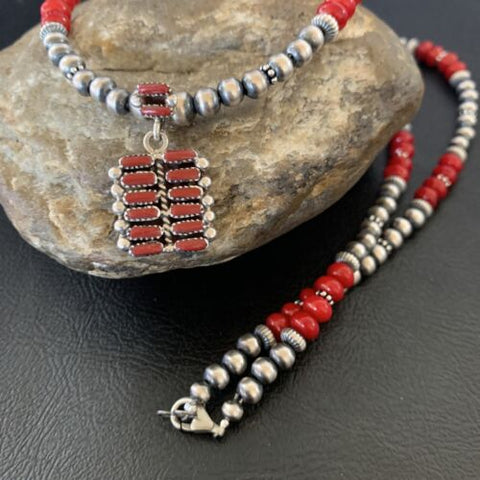 Southwestern Zuni Sterling Red Coral Corn Inlay Necklace Pendant 21