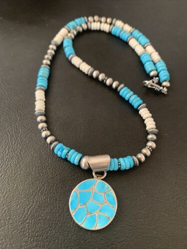 Southwestern Zuni Turquoise Necklace | Sterling Silver Inlay Pendant | Authentic Native American Handmade | 2089