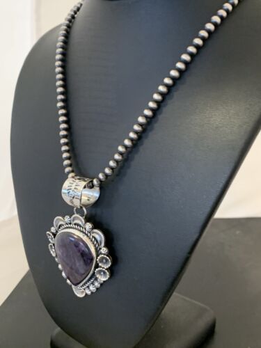 Men's Navajo Pearls Necklace with Purple Sugilite Pendant | Sterling Silver | Authentic Native American Handmade | 00541