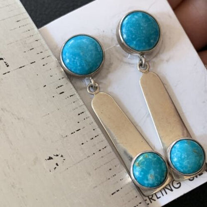 Handmade Navajo Kingman Turquoise Dangle Earrings | Sterling Silver | Authentic Native American | 2044