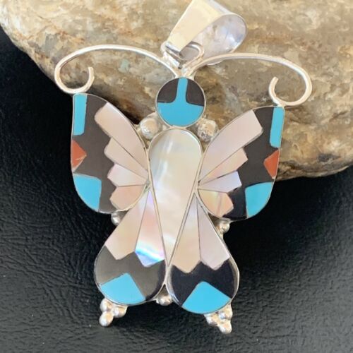 Zuni Blue Turquoise Coral Butterfly  Inlay Pendant | Sterling Silver Necklace | Authentic Native American Handmade | 11966