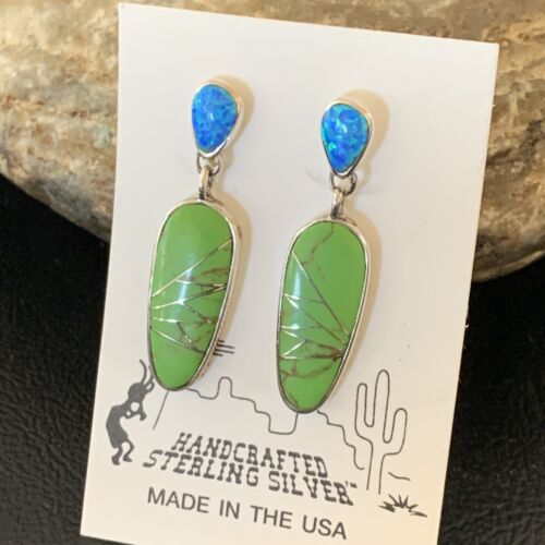 Navajo Green Gaspeite Opal Inlay Earrings | Sterling Silver | 1" | Authentic Native American Handmade | 12021