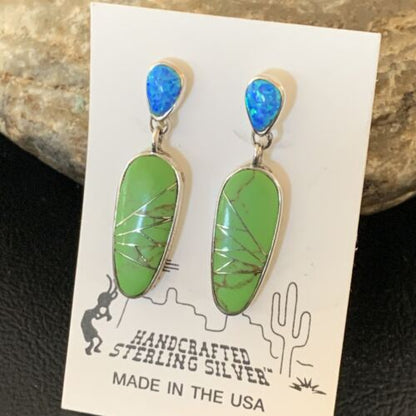 Navajo Green Gaspeite Opal Inlay Earrings | Sterling Silver | 1" | Authentic Native American Handmade | 12021