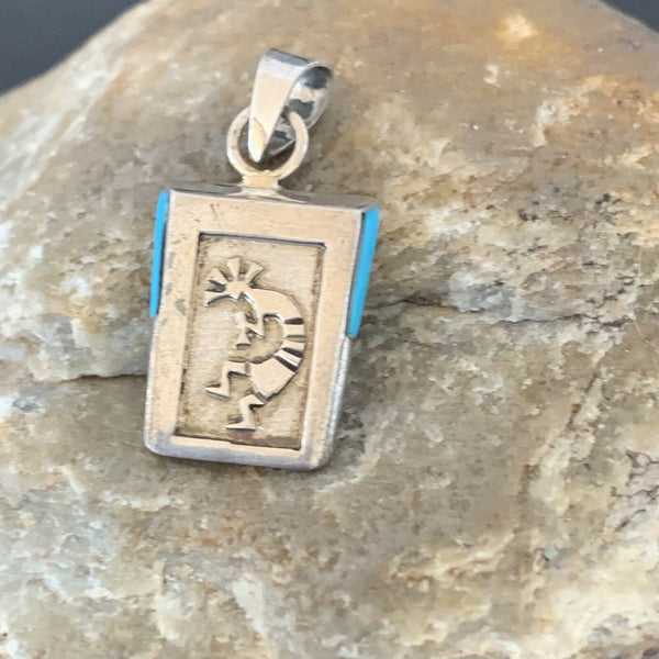 Navajo Kokopelli Stamp Turquoise Pendant | Sterling Silver | Authentic Native American Handmade | 10959