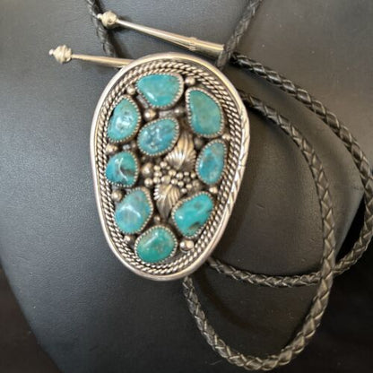 Men's Bolo Tie | Cluster Blue Kingman Turquoise | Sterling Silver | Navajo | Authentic Native American Handmade | 14522