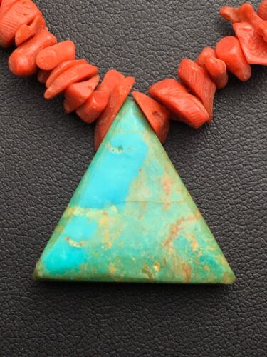Kingman Turquoise and Coral Pendant Necklace | Sterling Silver | Old Pawn | 19" | 4008