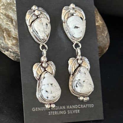 Navajo White Buffalo Turquoise Dangle Earrings | Sterling Silver | 2.5" | Authentic Native American Handmade | 14740
