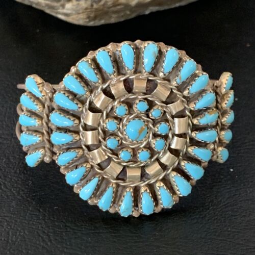 Navajo Old Pawn Zuni Blue Turquoise Cuff Bracelet | Sterling Silver | Authentic Native American Handmade | 12836