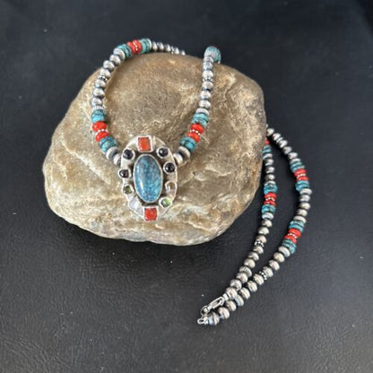 Navajo Multi-Color Blue Turquoise Coral Necklace Pendant | Authentic Native American Sterling Silver | Naja | 14371 - Masha USA