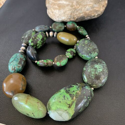 Navajo Sterling Silver Graduated Green Nugget Turquoise Necklace | Authentic Native American | 21" | 10726
