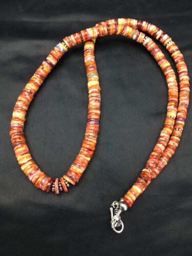 Navajo Orange Heishi Spiny Oyster Necklace Set | Sterling Silver | 22" | Authentic Native American Handmade | 2773