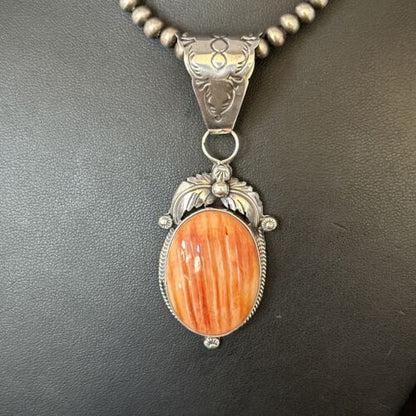 Navajo Pearls Orange Spiny Oyster Pendant Necklace | Sterling Silver | Authentic Native American Handmade | 14722