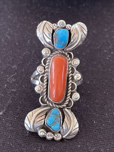 Navajo Kingman Turquoise & Coral Ring | Authentic Native American Sterling Silver | Multi-Stone | Sz 10 | 1292