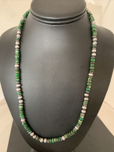 Navajo Green Turquoise Bead Necklace | Sterling Silver | 22" | Authentic Native American Handmade | 02040