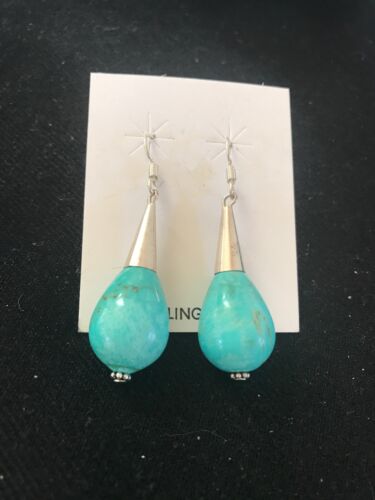 Native Navajo Sterling Silver Blue Turquoise Bead Dangle Drop Earrings 960