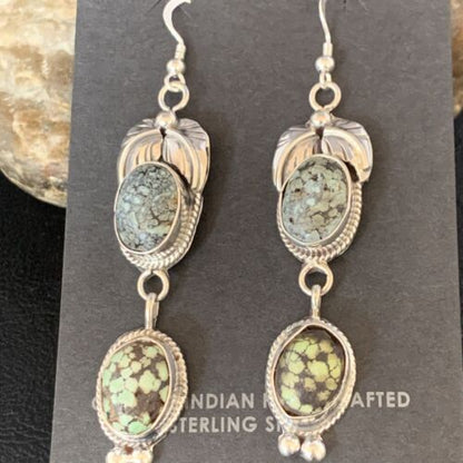 Navajo Green Spiderweb Turquoise Dangle Earrings | Sterling Silver | Authentic Native American Handmade | 13545