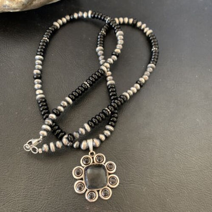Navajo Pearl Necklace Pendant | Authentic Native American Sterling Silver Black Onyx | Multi-Stone | 22" | 12270
