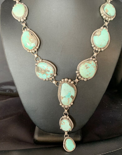 Navajo Blue Turquoise Lariat Necklace | Dry Creek Sterling Silver | 30" | Native American Handmade | 13773
