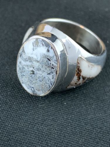 Navajo White Buffalo Turquoise Inlay Ring | Sterling Silver | Sz 8.5 | Authentic Native American Handmade | 4948