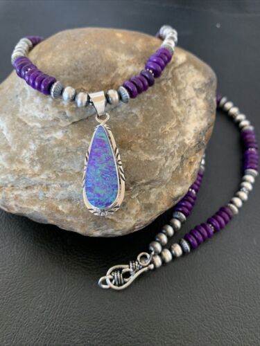 Navajo Purple Sugilite Necklace with Faux Opal Pendant | Sterling Silver | Authentic Native American Handmade | 01918