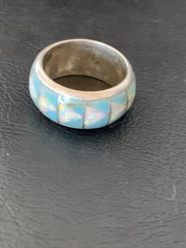 Navajo Blue Turquoise Inlay Ring | Sterling Silver | Sz 9.5 | Authentic Native American Handmade | 12574