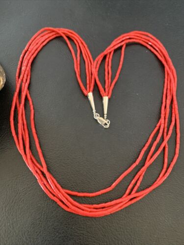 Native American Red Stabilized Coral Heishi Necklace | 5 Strand | Sterling Silver | 20" | 2207